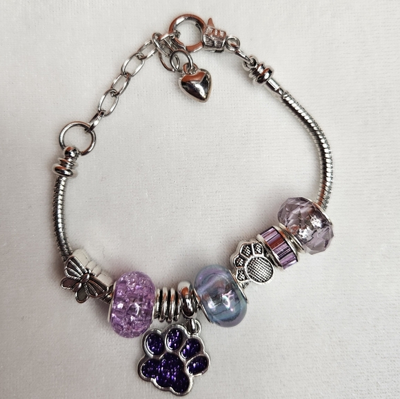 Purple Silver Beaded Silver Tone Animal Paw Glitter Charm Bracelet Clasp Closure - Picture 4 of 7